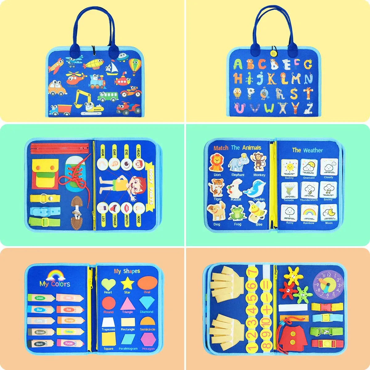 Toddlers Travel Busy Board for Boys Girls Montessori Toys for 2+ Year Old Preschool Learning Life Skill, Alphabet, Number, Shape