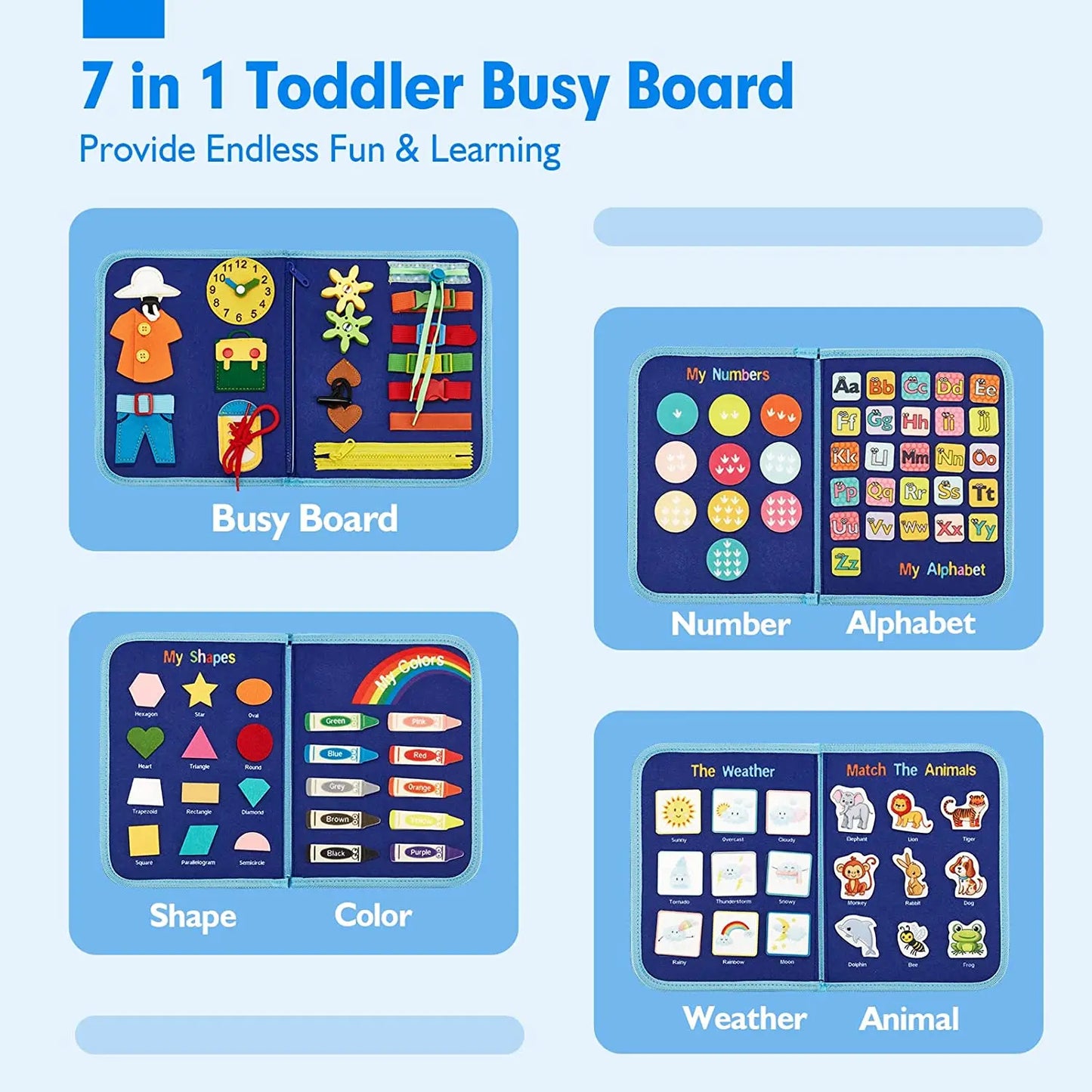 Toddlers Travel Busy Board for Boys Girls Montessori Toys for 2+ Year Old Preschool Learning Life Skill, Alphabet, Number, Shape
