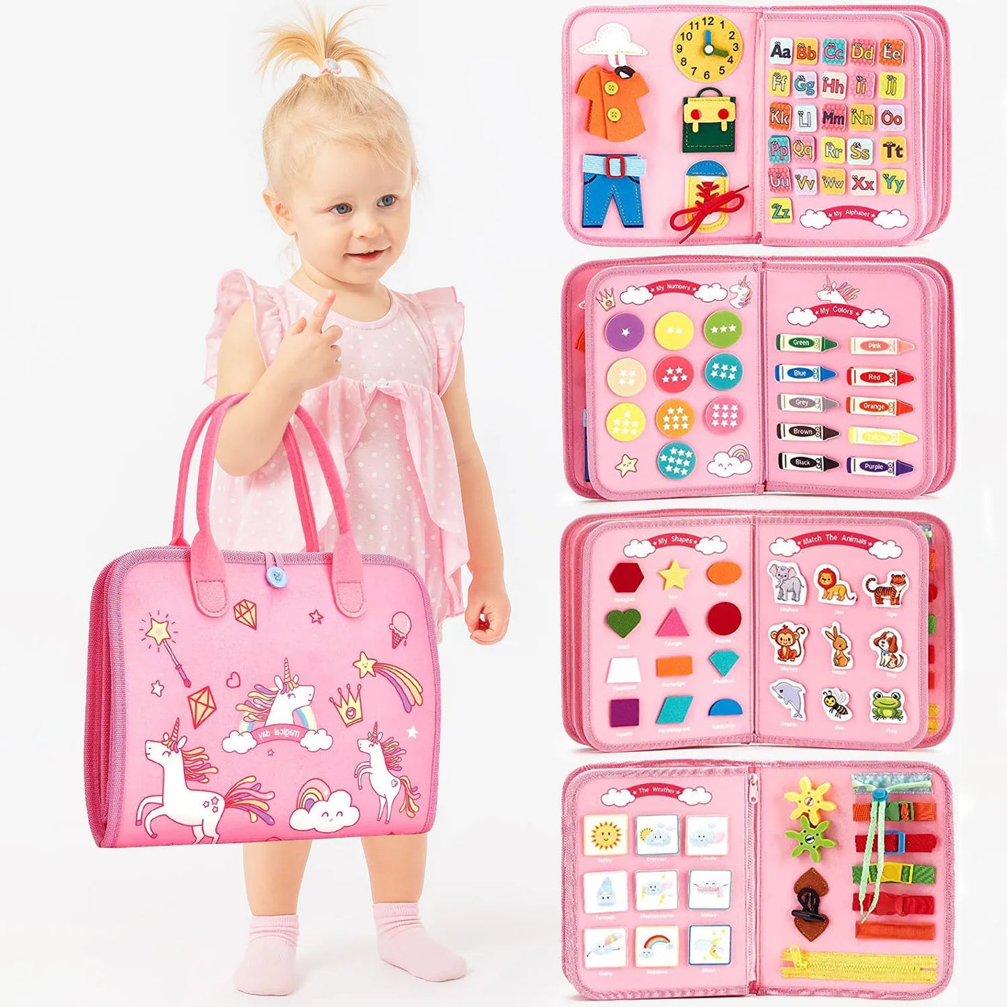 Toddlers Travel Busy Board for Boys Girls Montessori Toys for 2+ Year Old Preschool Learning Life Skill, Alphabet, Number, Shape